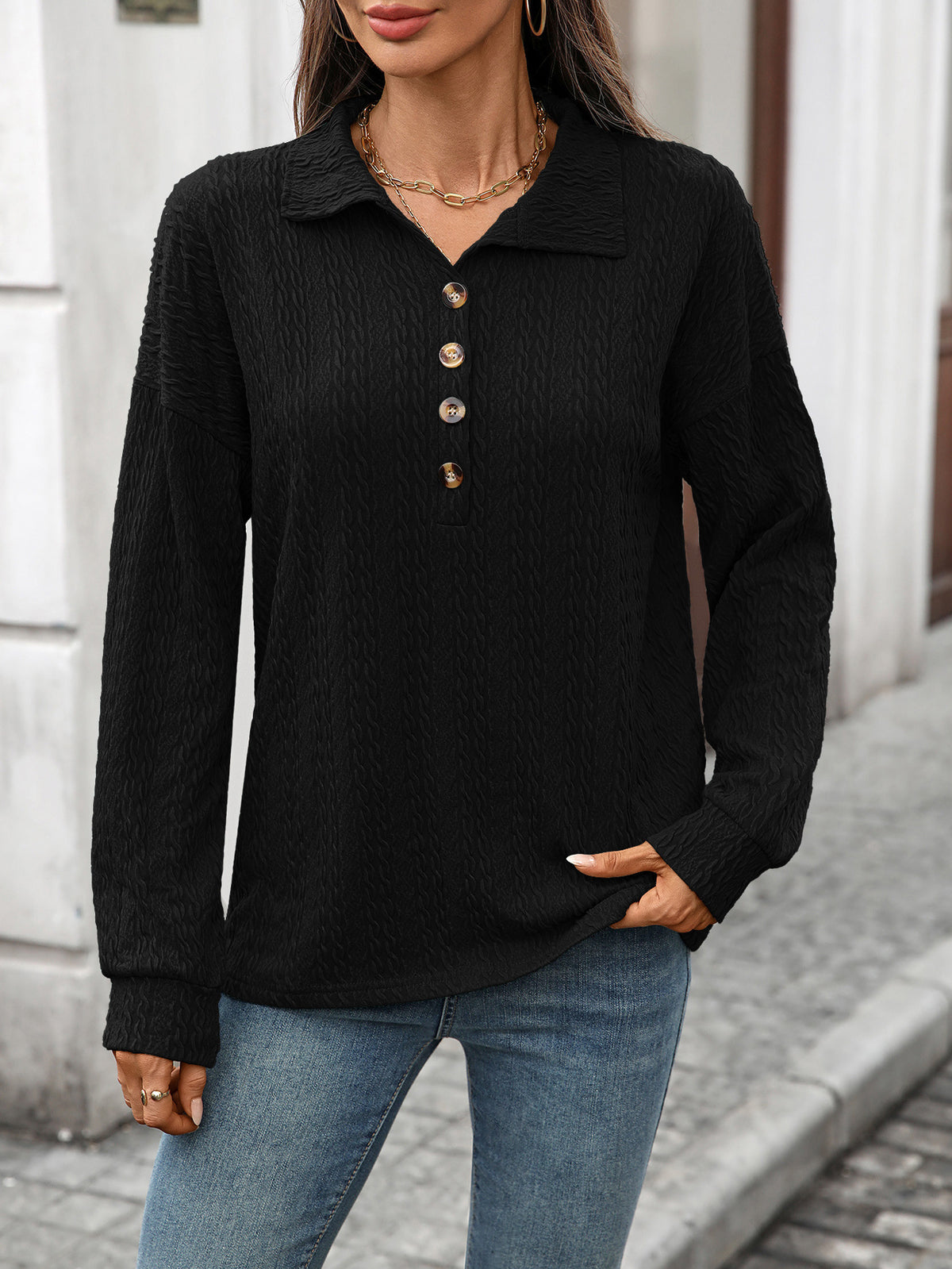 Women's Collared Button Long Sleeve Oversized Sweatshirt