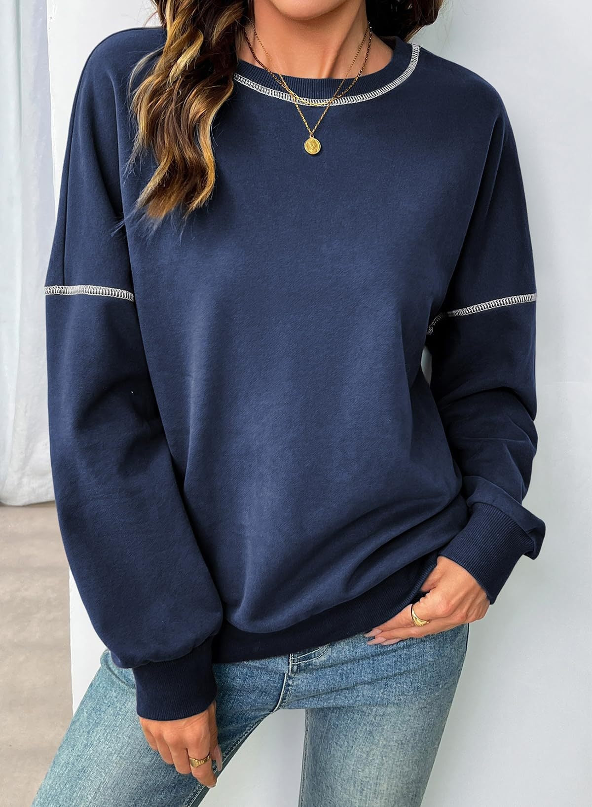 Contrast Stitch Crew Neck Casual Sweatshirt Pullover
