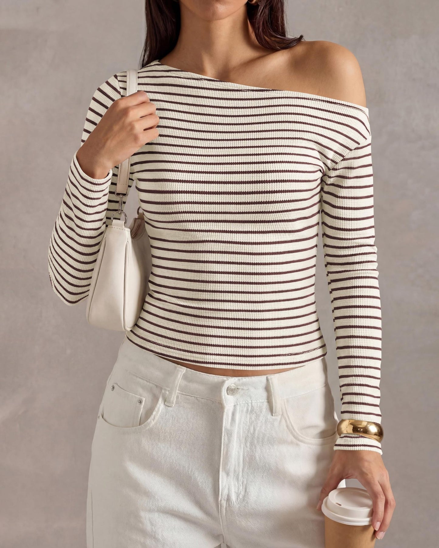 Ribbed Off Shoulder Striped Long Sleeve Knit Top