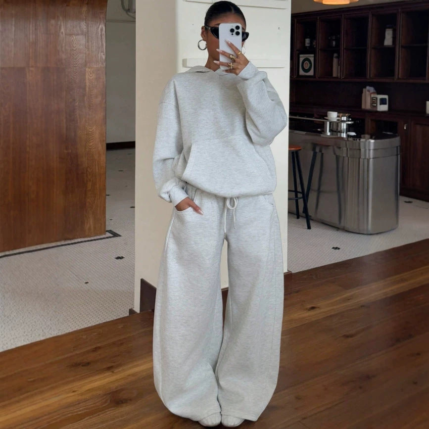 Grey Hooded Sweatshirt Wide Leg Pants Set