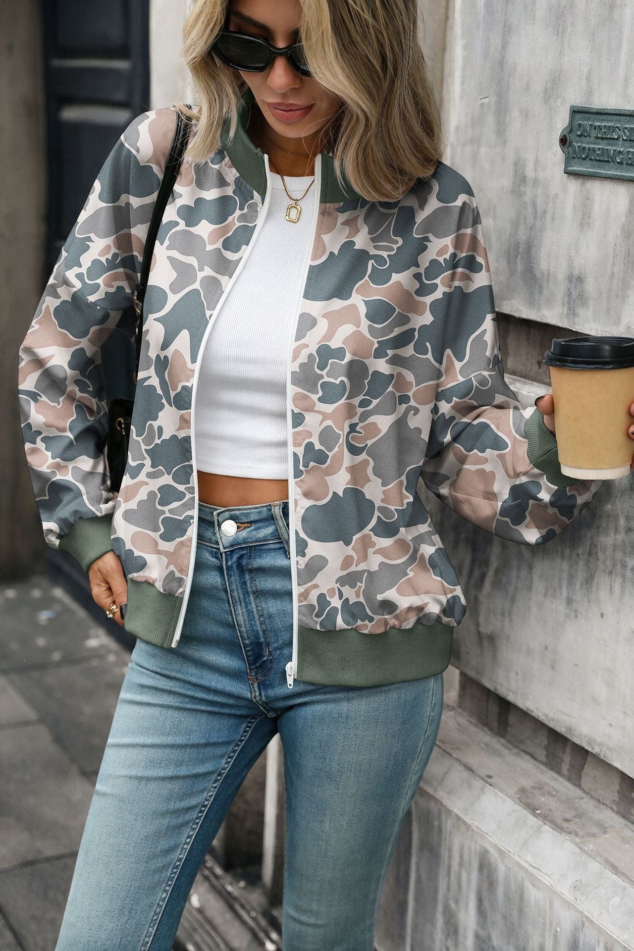 Women's Oversized Printed Zip Up Sweatshirt Mock Neck