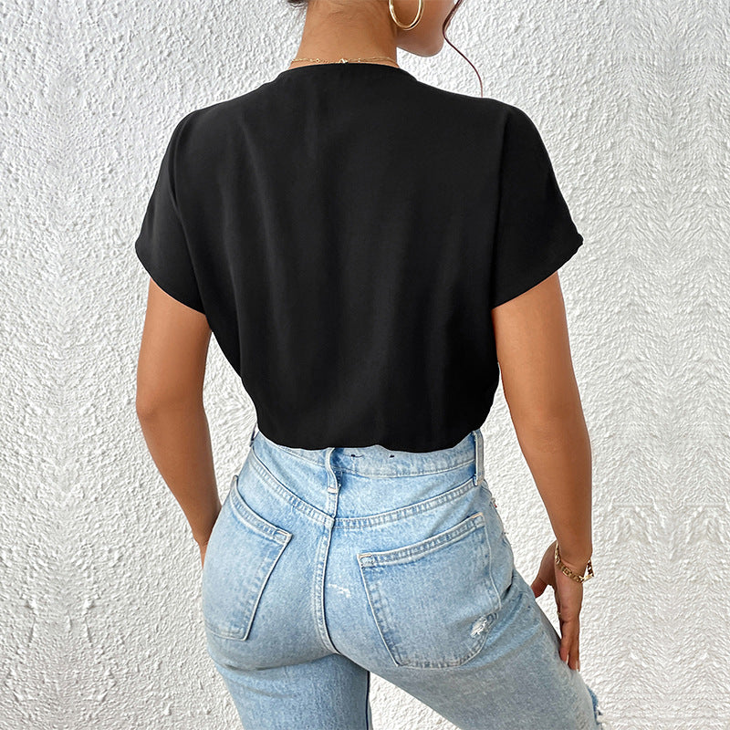 V Neck Wrap Bodysuit Short Sleeve Draped Fit Top