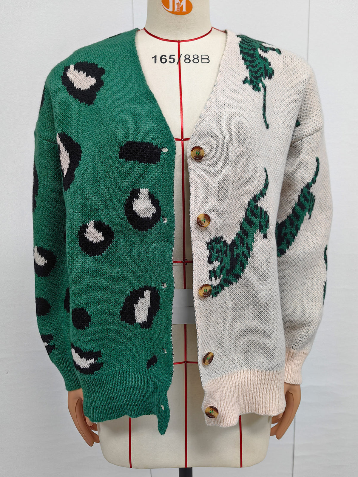 Color Block Leopard Print V-Neck Button Cardigan Sweater