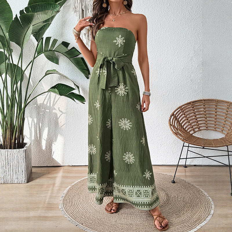 Green Strapless Vacation Jumpsuit with Flowy Fit