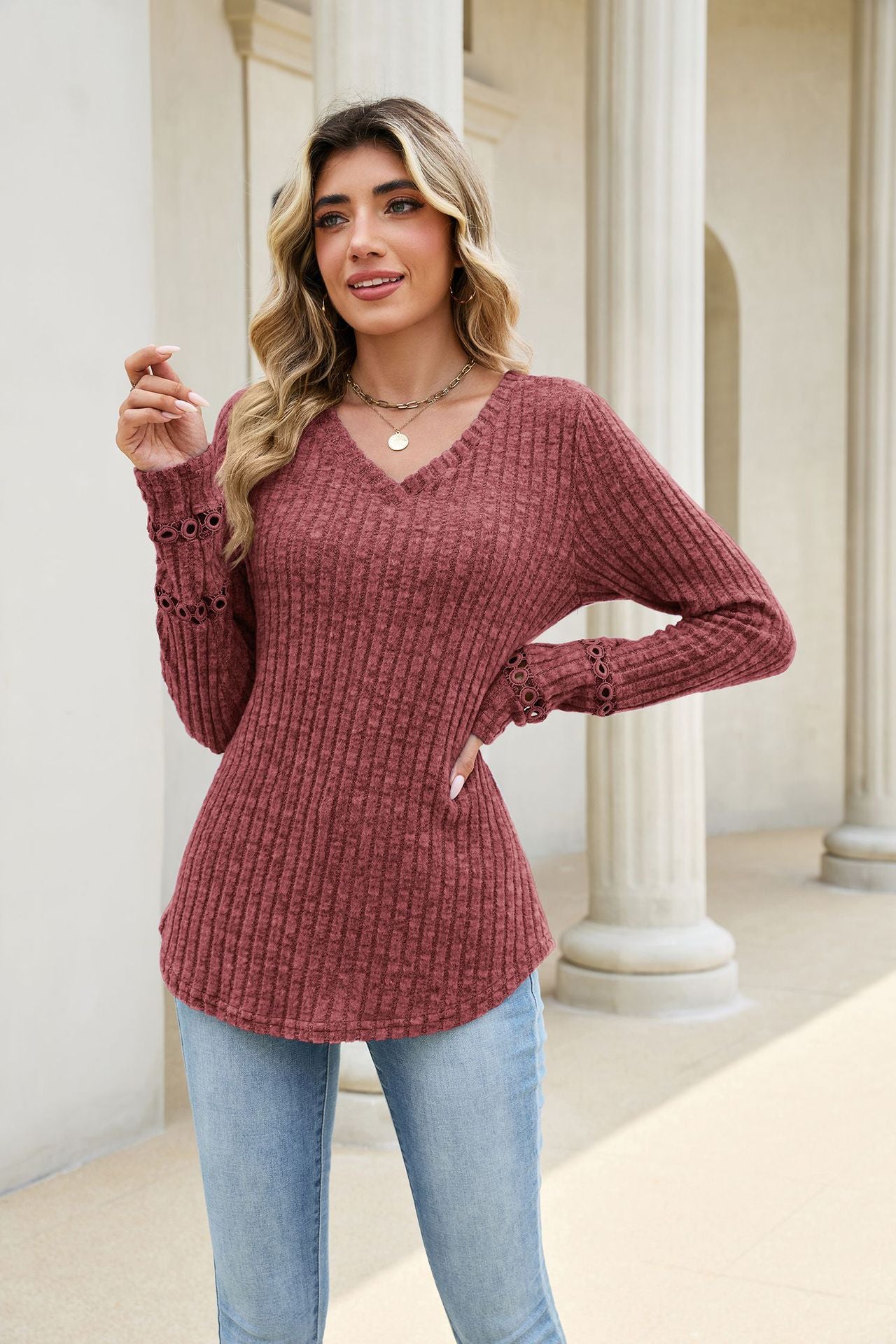 Solid Ribbed Knit Top V Neck Trendy Long Sleeve