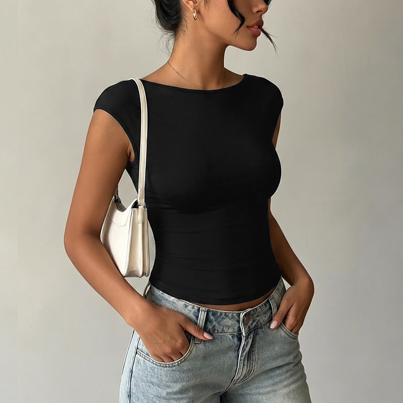 Solid Knit Top Slim Boat Neck Cap Sleeve
