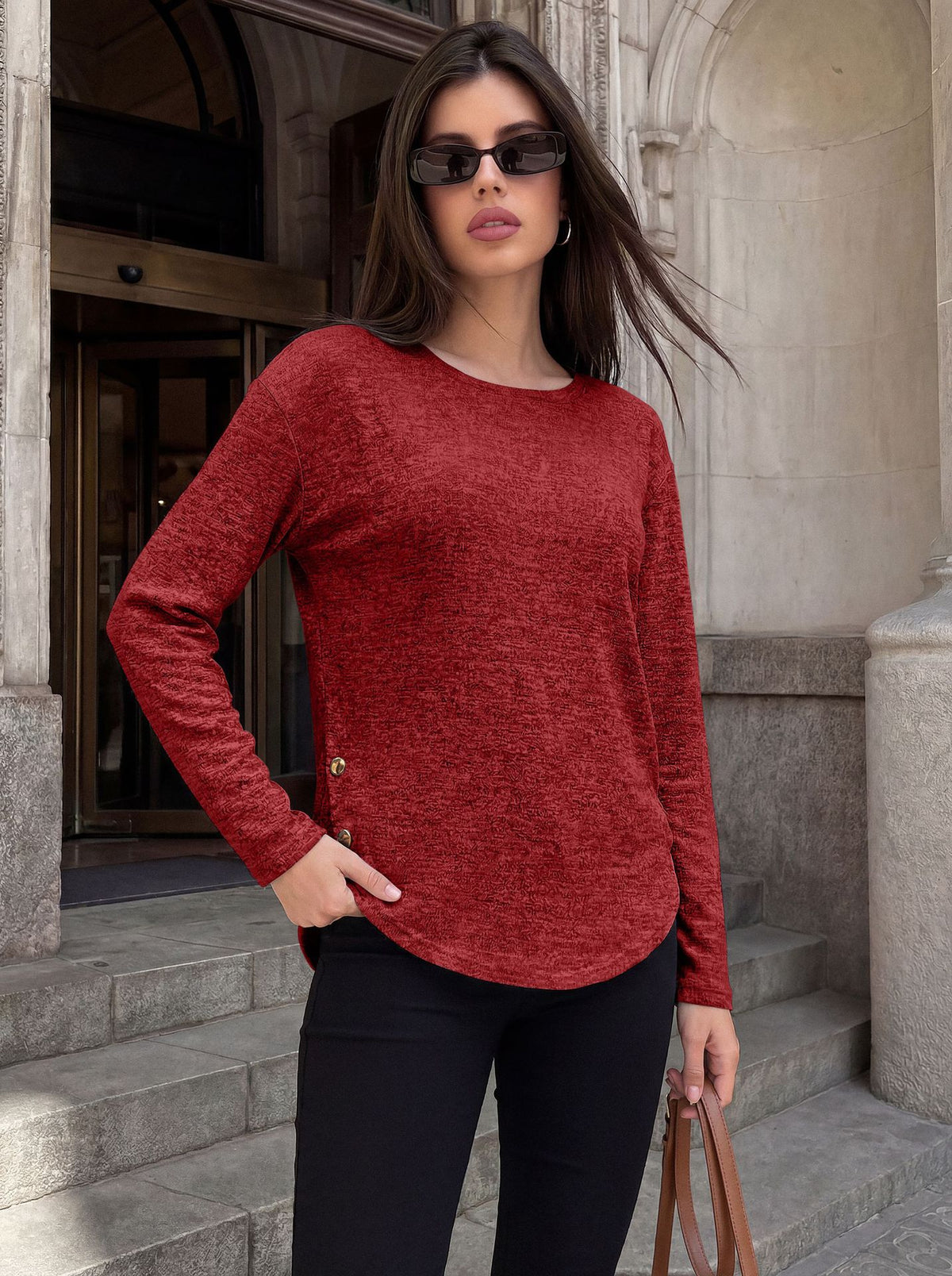 Women's Loose Long Sleeve Side Button Slit Tunic Top