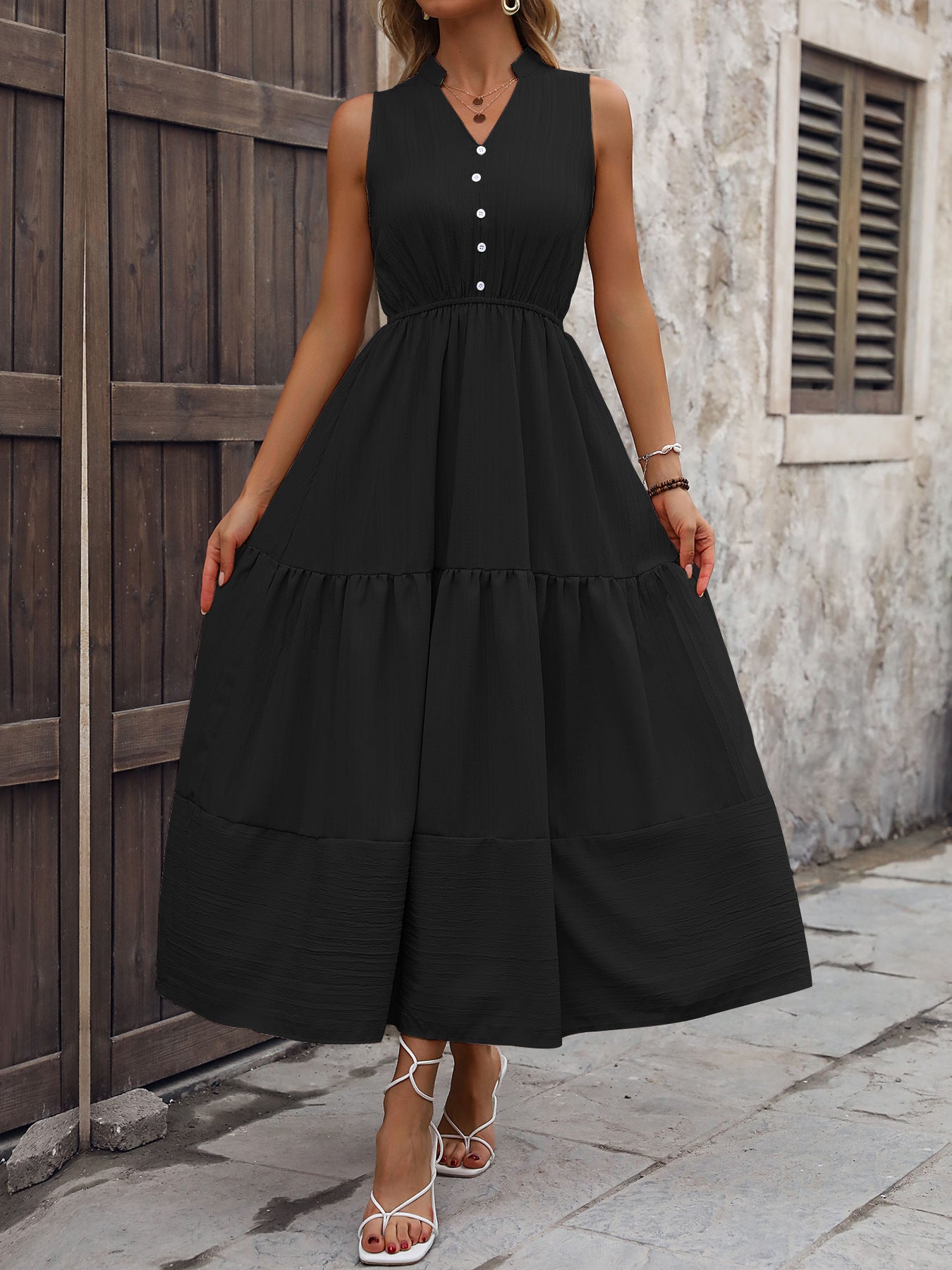 Sleeveless Solid Color A-Line Midi Dress with High Neck