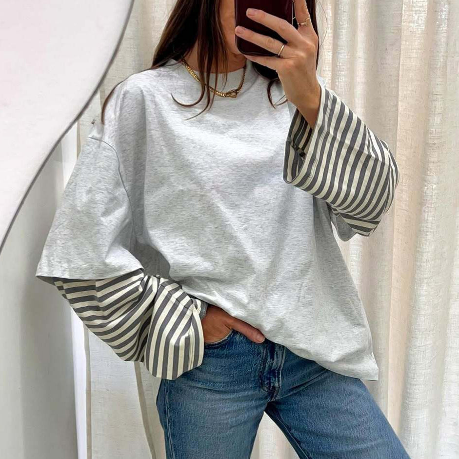 Oversized Contrast Striped Sleeve Cotton Long Sleeve Top