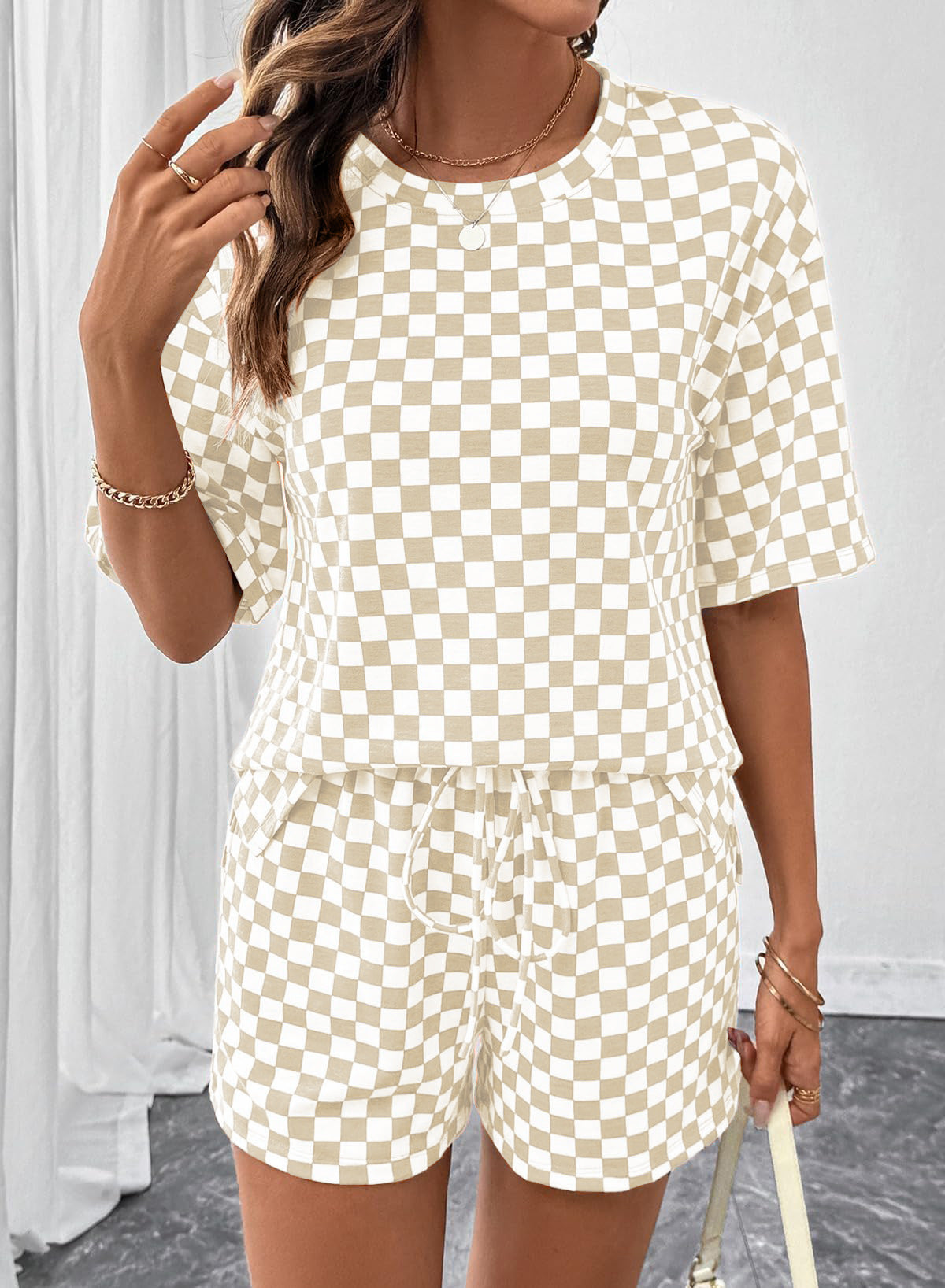 Women's Checkerboard Lounge Set Drawstring Shorts Casual