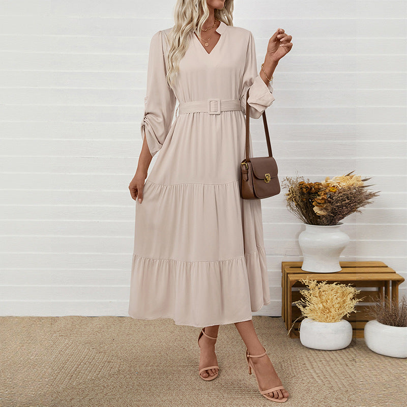 Elegant Long Sleeve V-Neck Belted Midi Dress