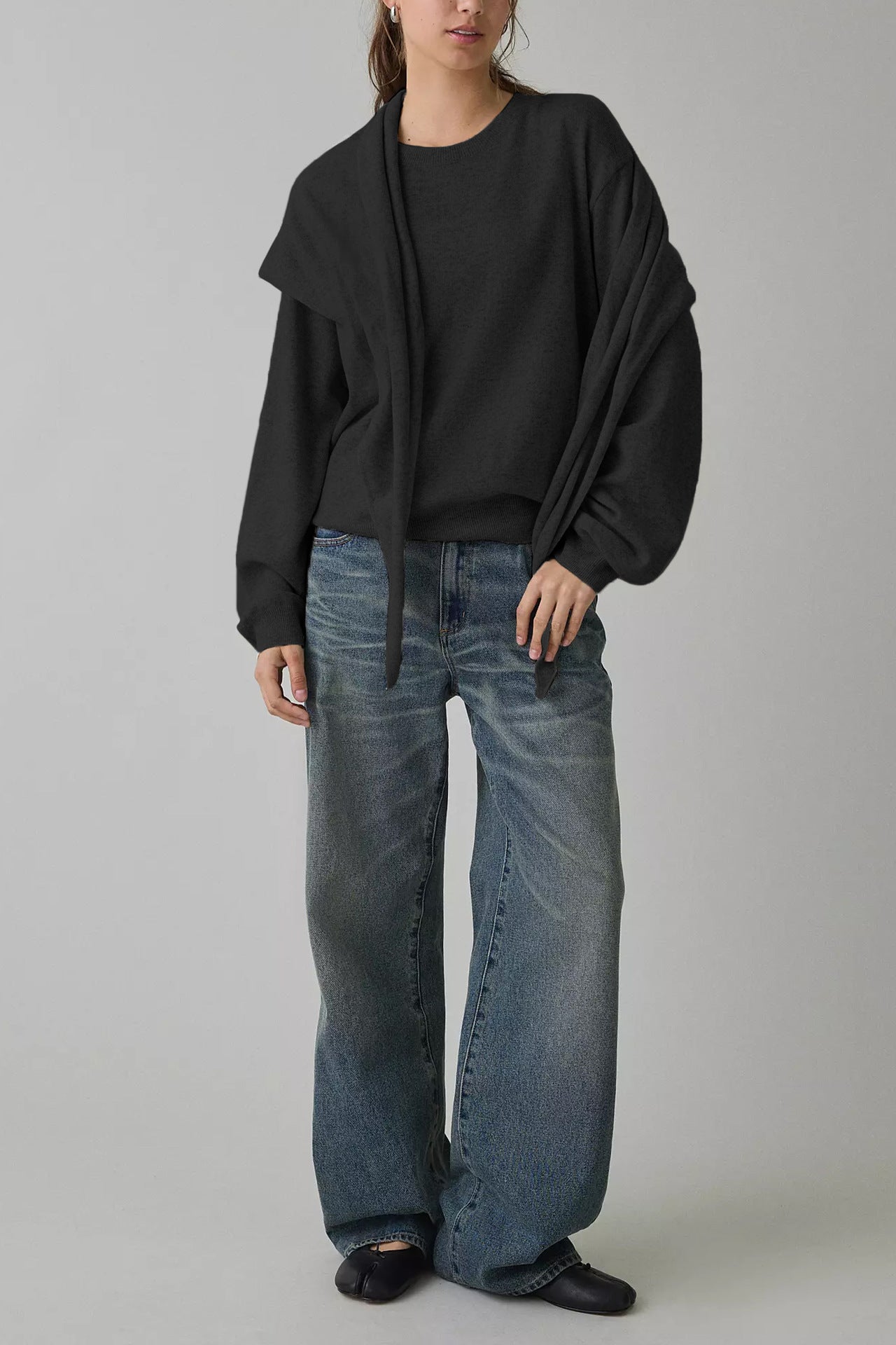 Striped Knit Sweater Shawl Detail Oversized Casual Pullover