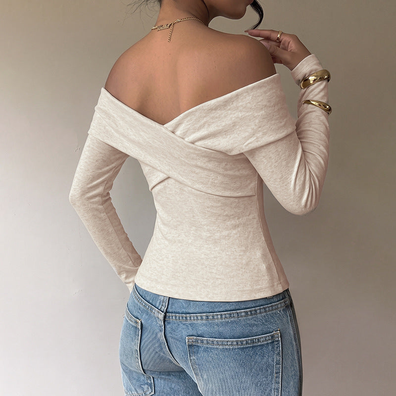 Solid Knit Top Romantic Crossover Off Shoulder