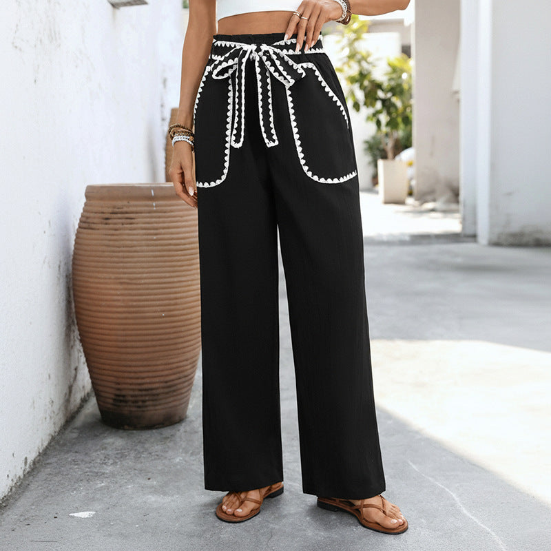 High Waist Wide Leg Drawstring Casual Pants