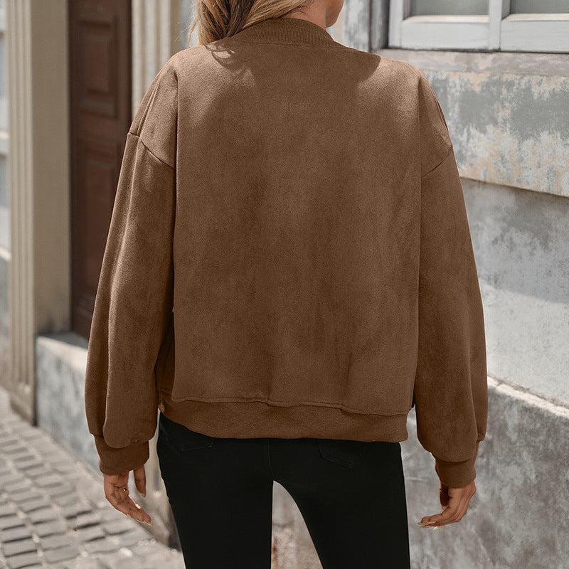 Baseball Collar Suede Casual Jacket with Zip Pockets