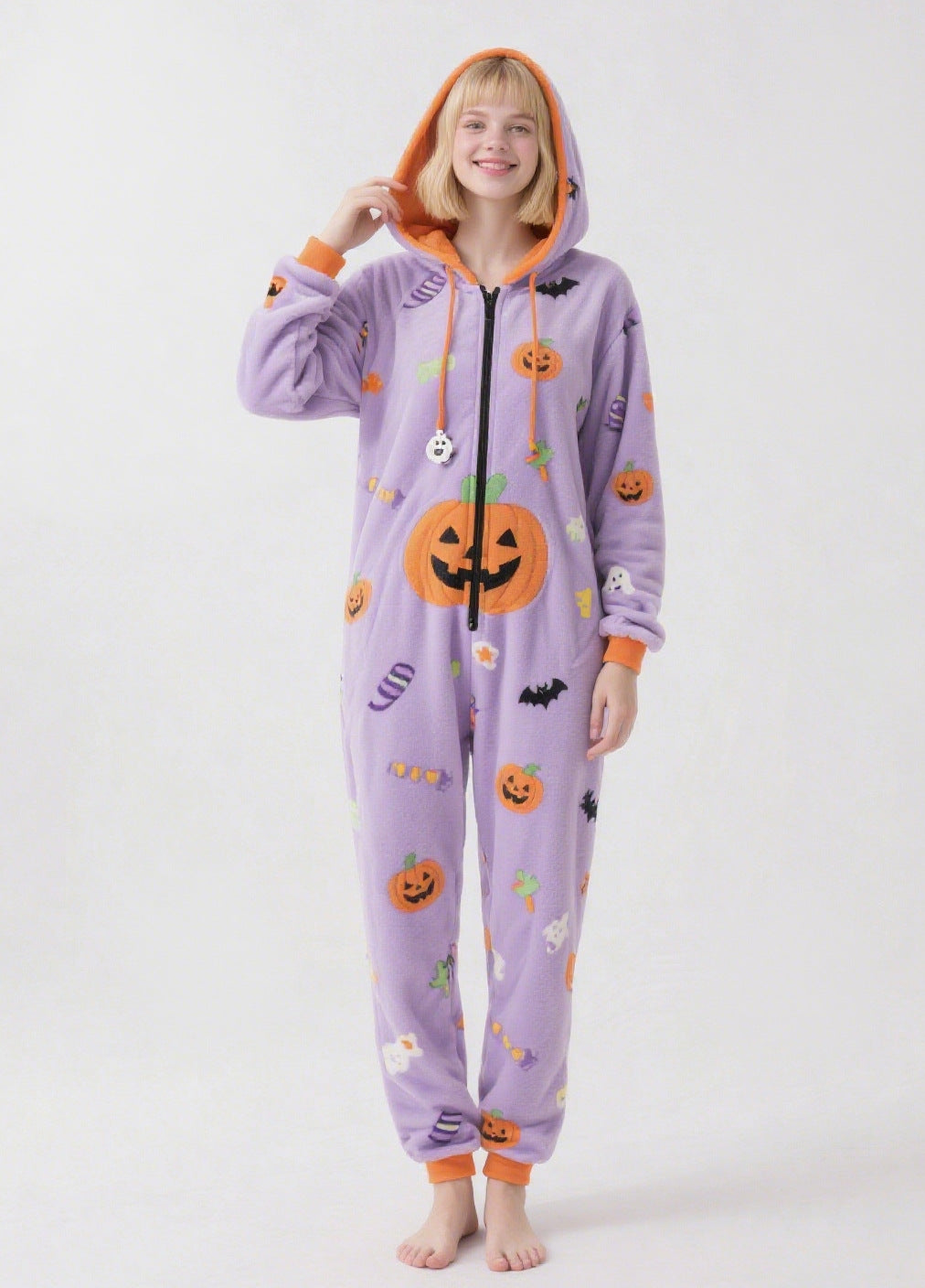 Halloween Pumpkin Hooded Pajama Jumpsuit One Piece