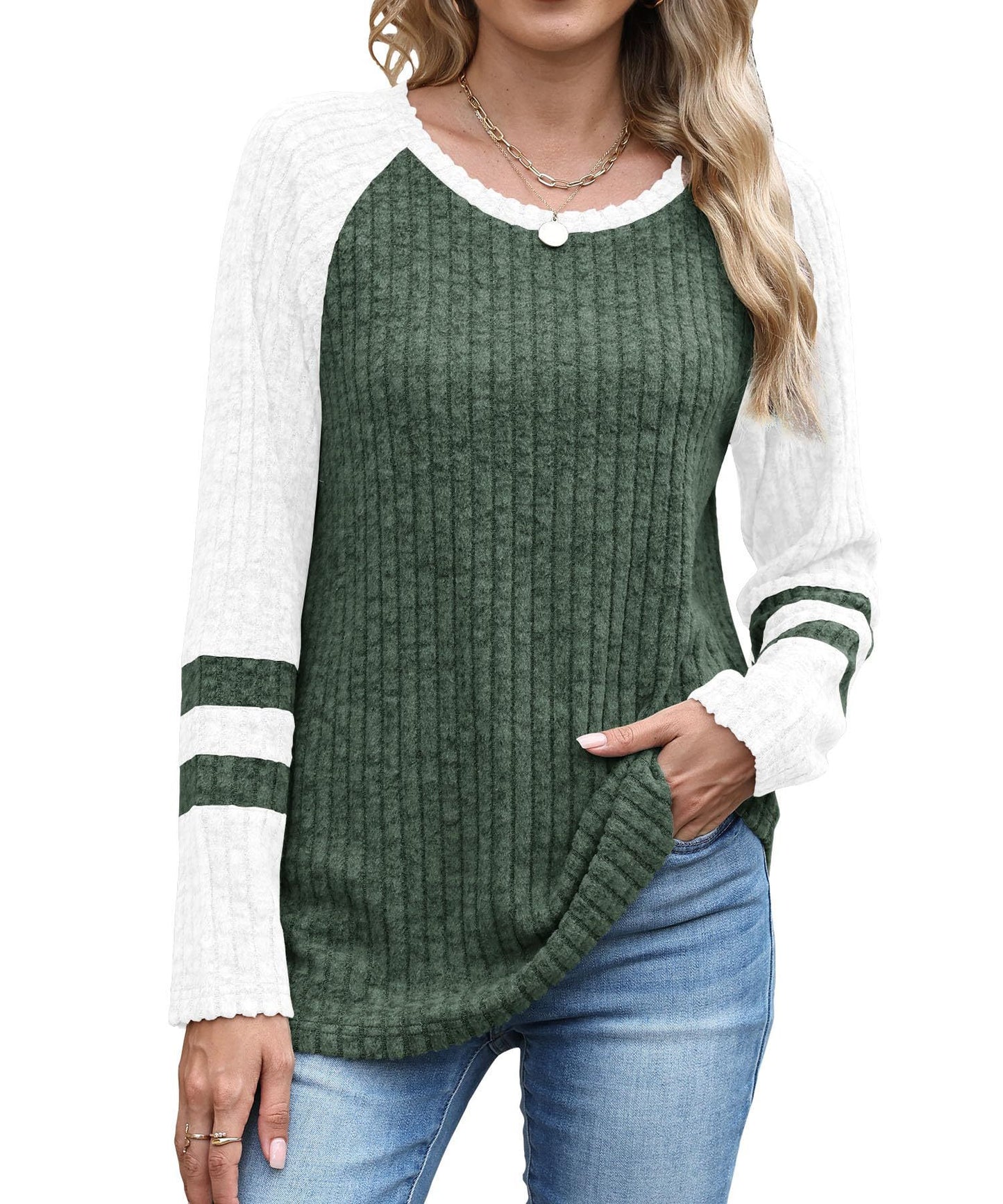 Colorblock Polyester Top Casual Ribbed Raglan Sleeve