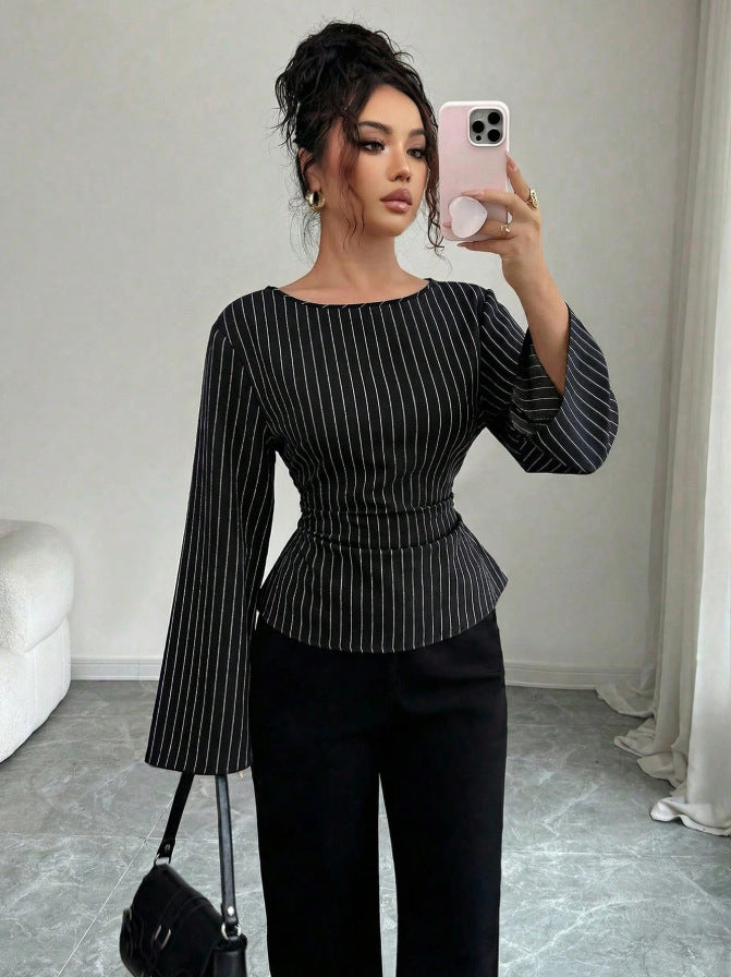 Women's Striped Bell Sleeve Tie Waist Blouse