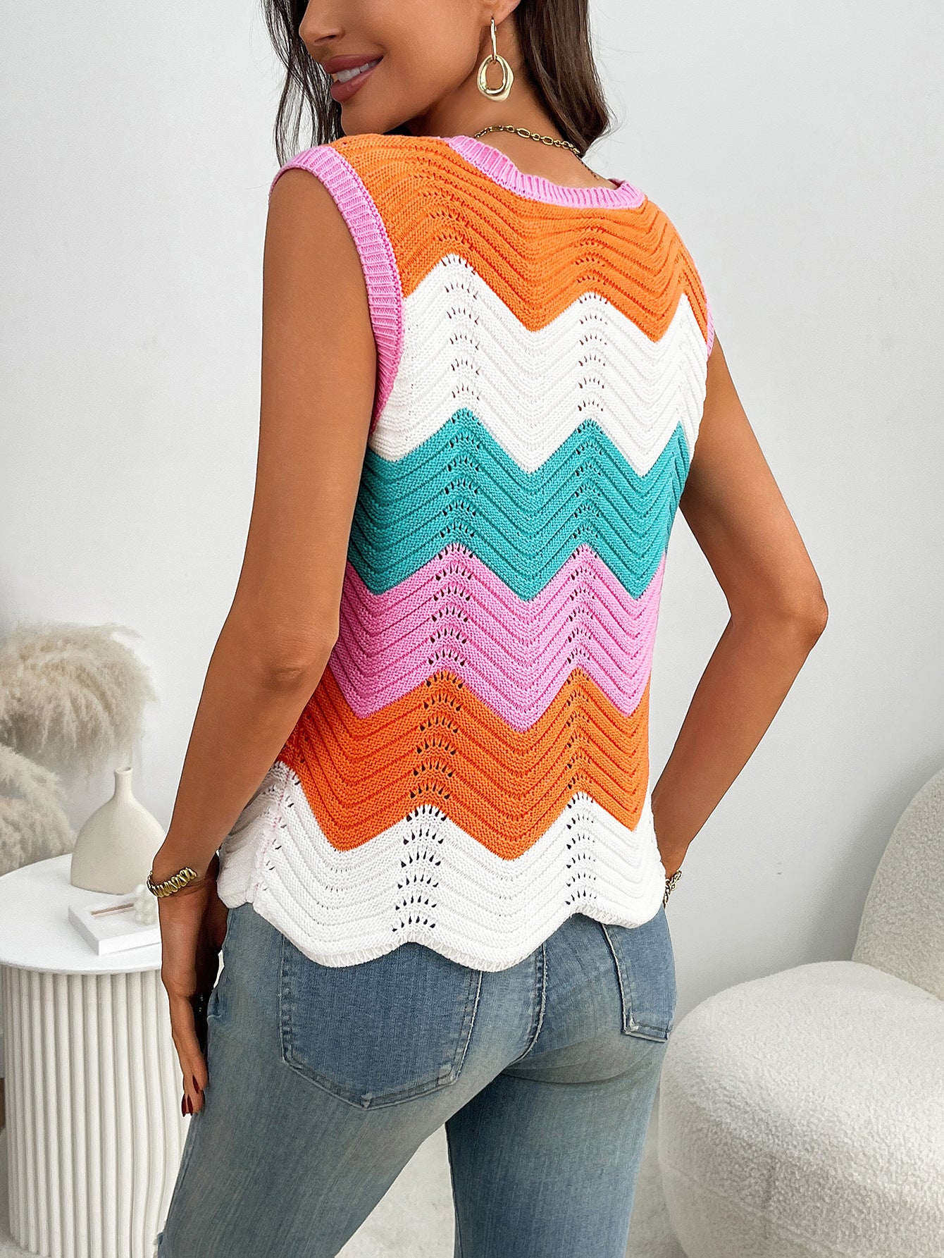 Dopamine Colorblock Knit Tank Chevron Pattern Sleeveless Summer Top