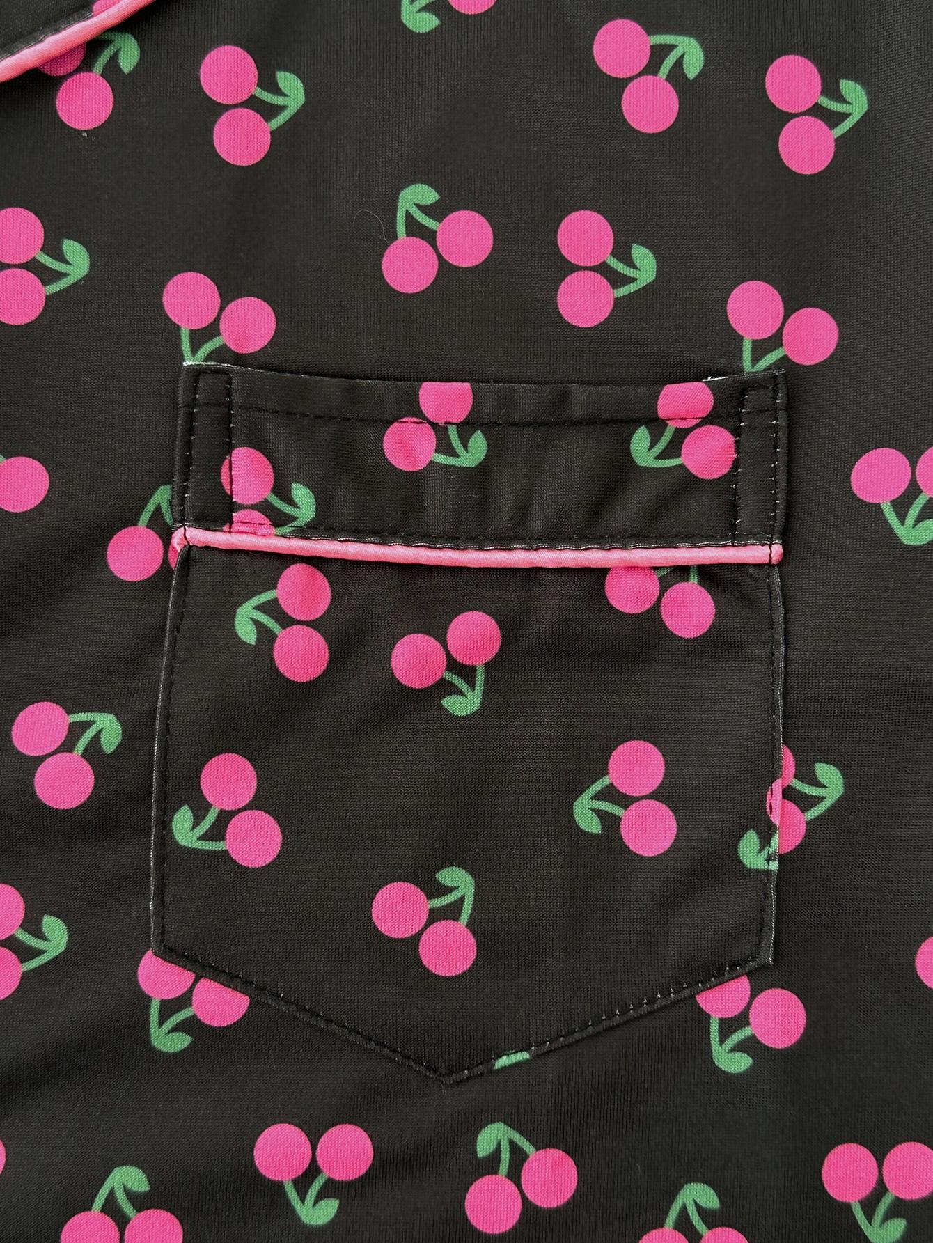 Cherry Print Short Sleeve Button Pajama Set for Women