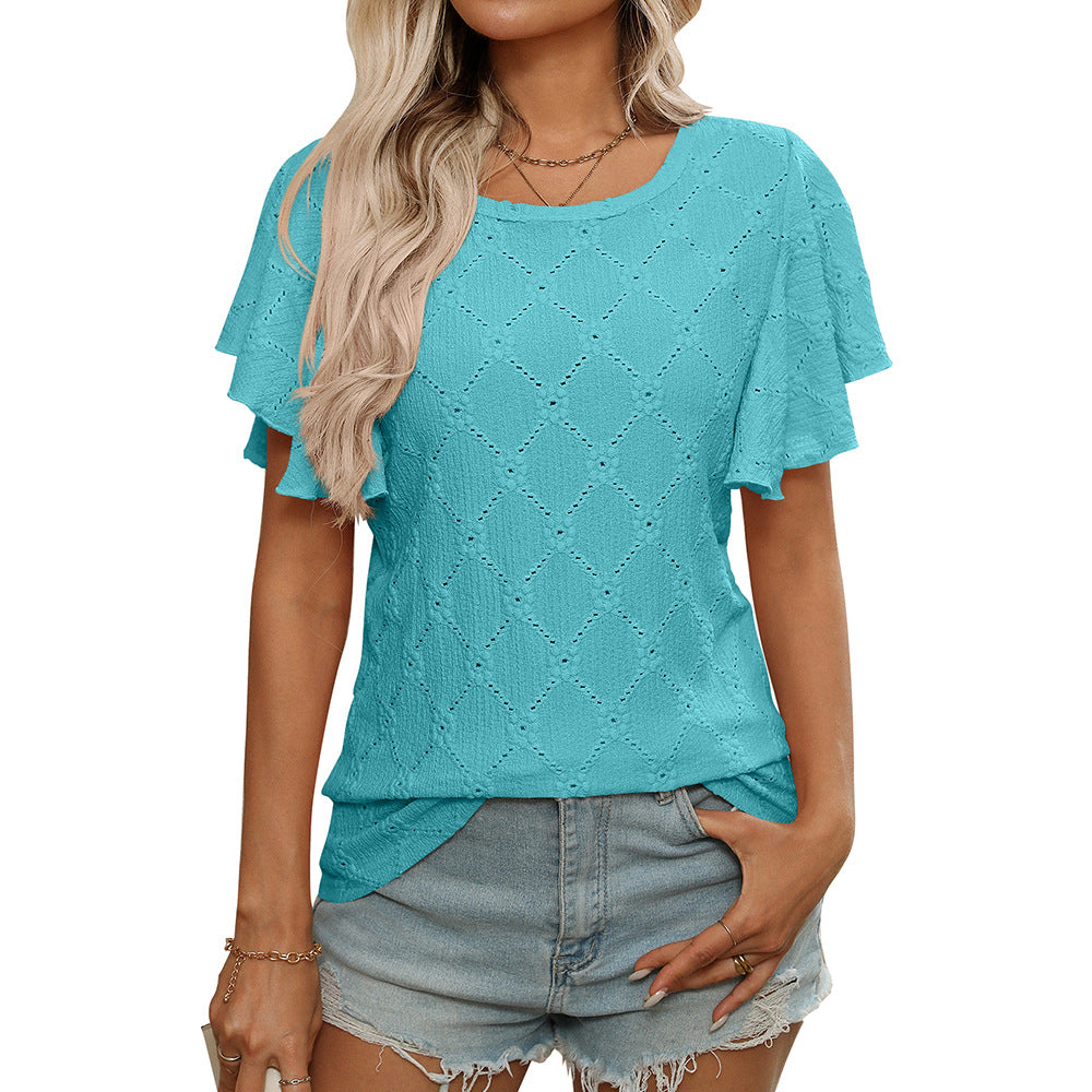 Eyelet Ruffle Sleeve Floral Knit Casual Summer T Shirt