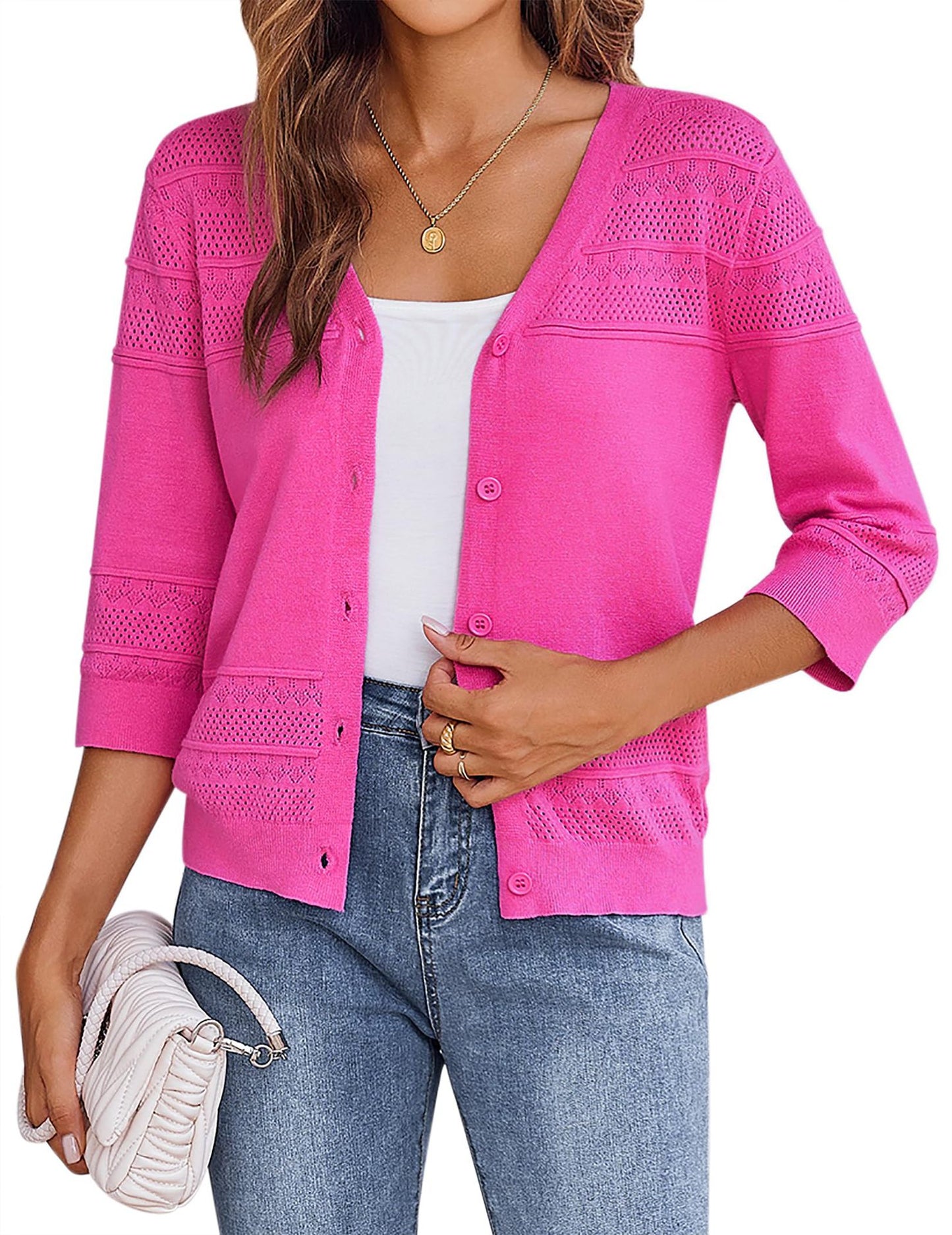 Lace Pattern V Neck Button Front Summer Sweater