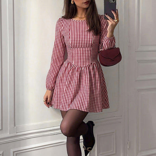 Gingham Bow Mini Dress Long Sleeve Sweet French Style