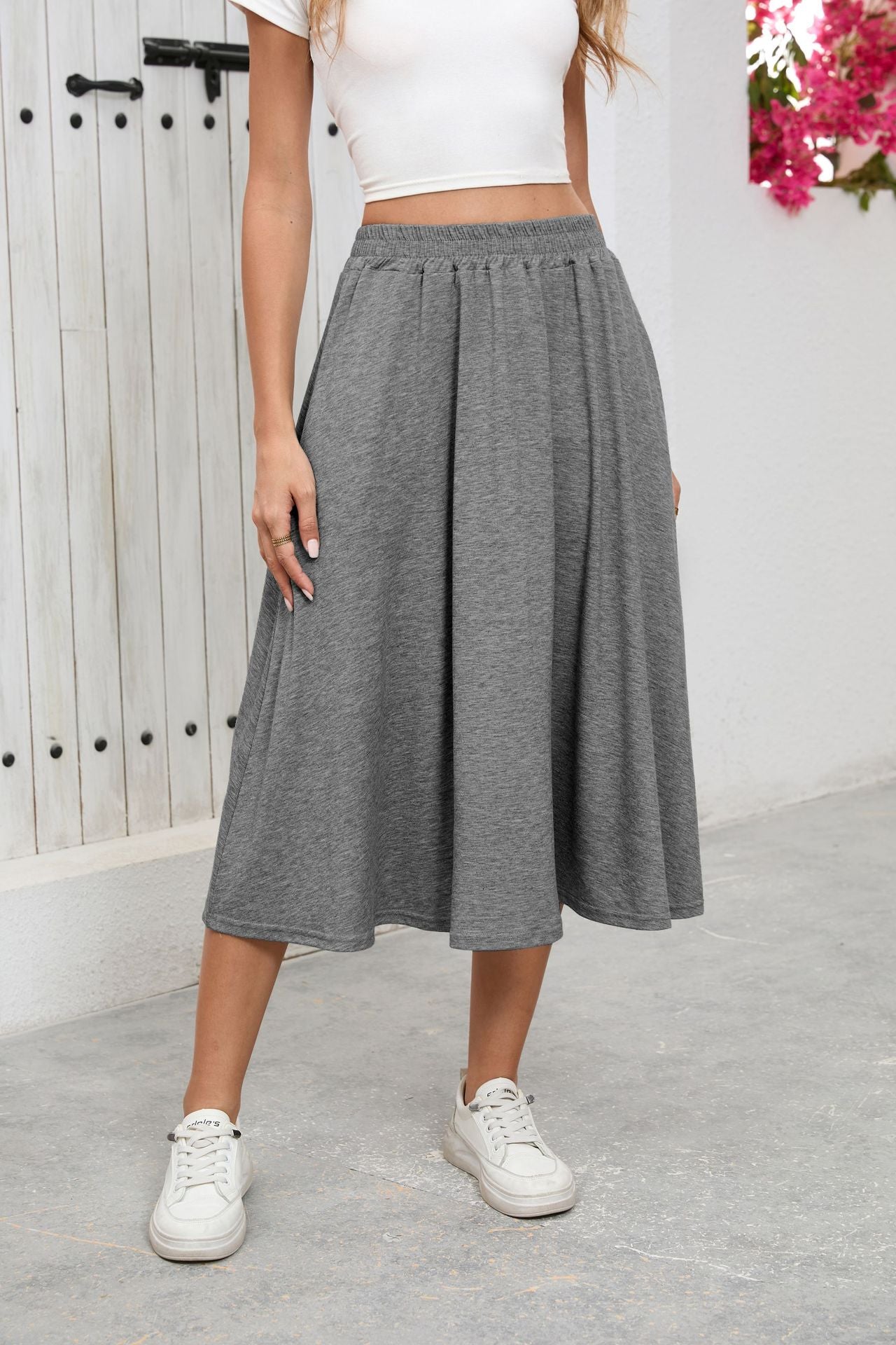 Solid Knit Skirt Casual A-Line Midi Elastic Waist
