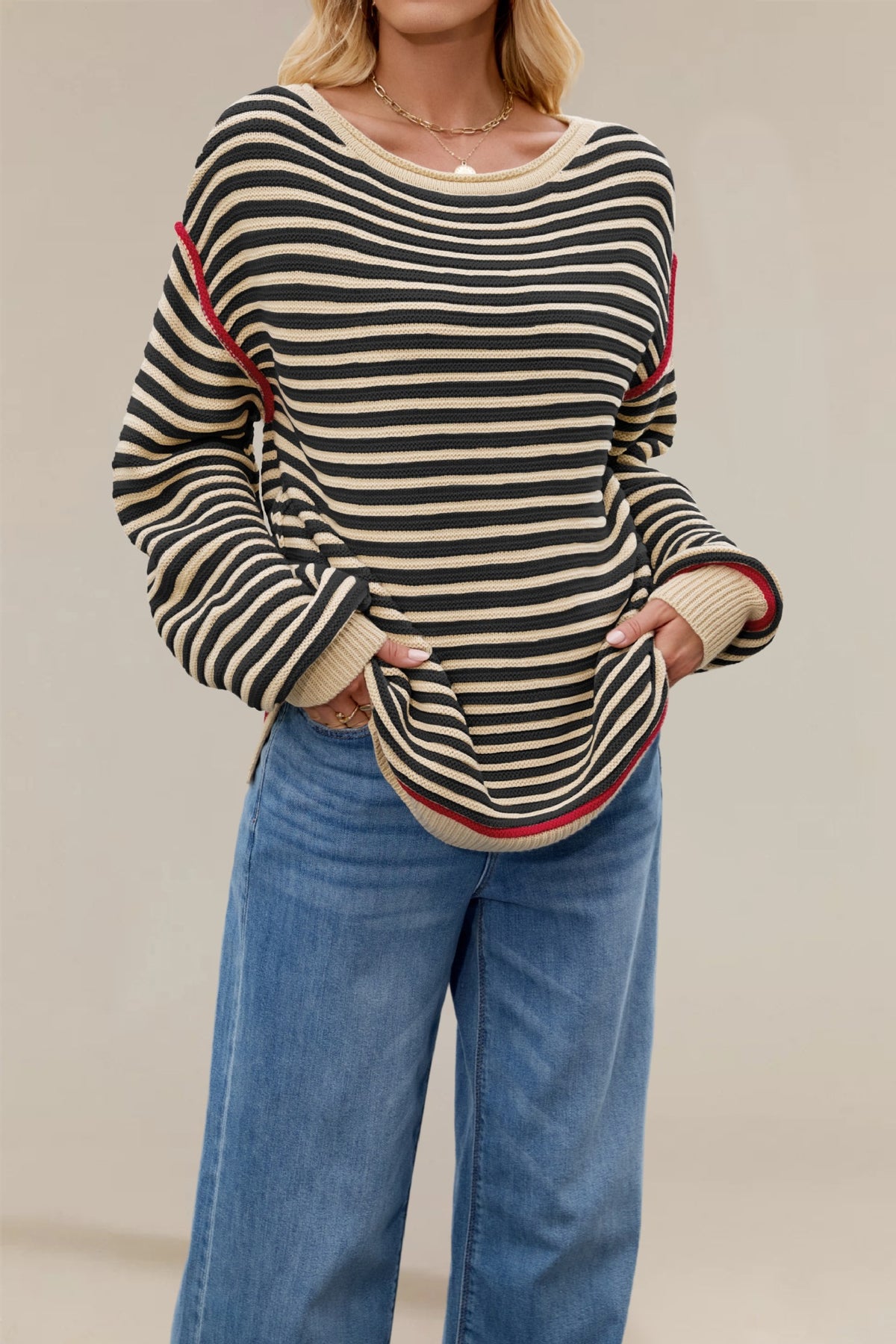 Oversized Striped Crew Neck Long Sleeve Knit Sweater