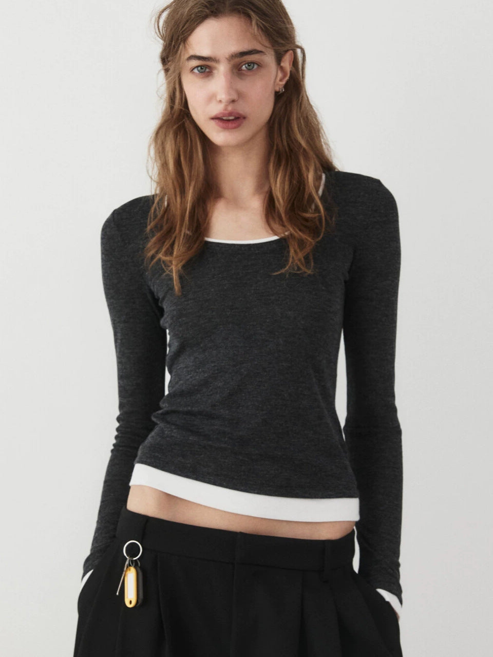 Women's Layered Ribbed Long Sleeve U Neck Fitted Top