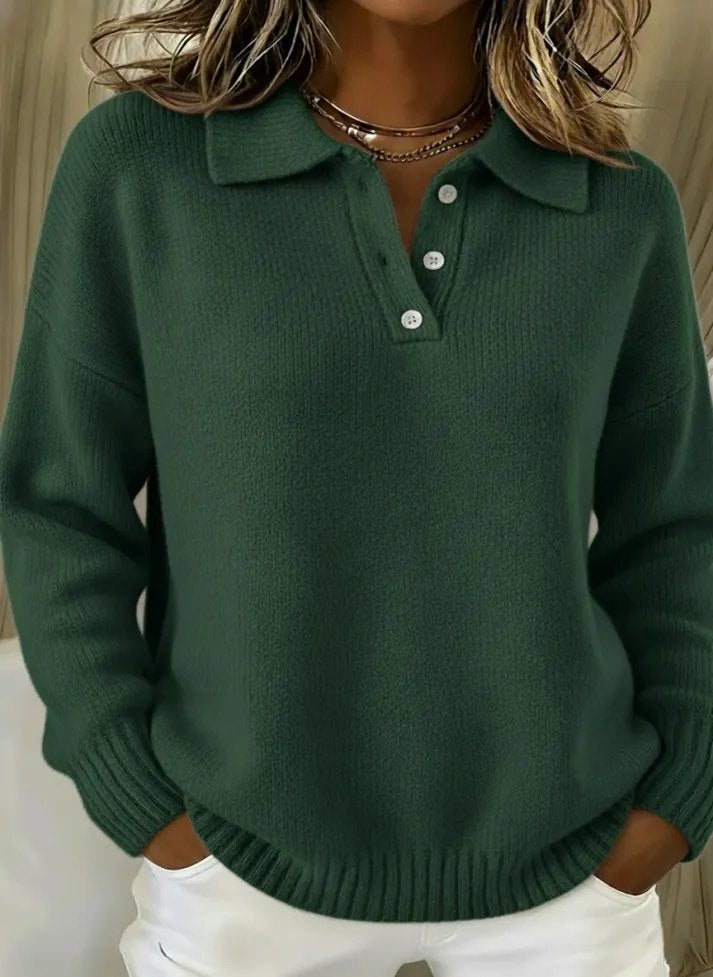 Polo Collar Knit Sweater Button Placket Relaxed Fit