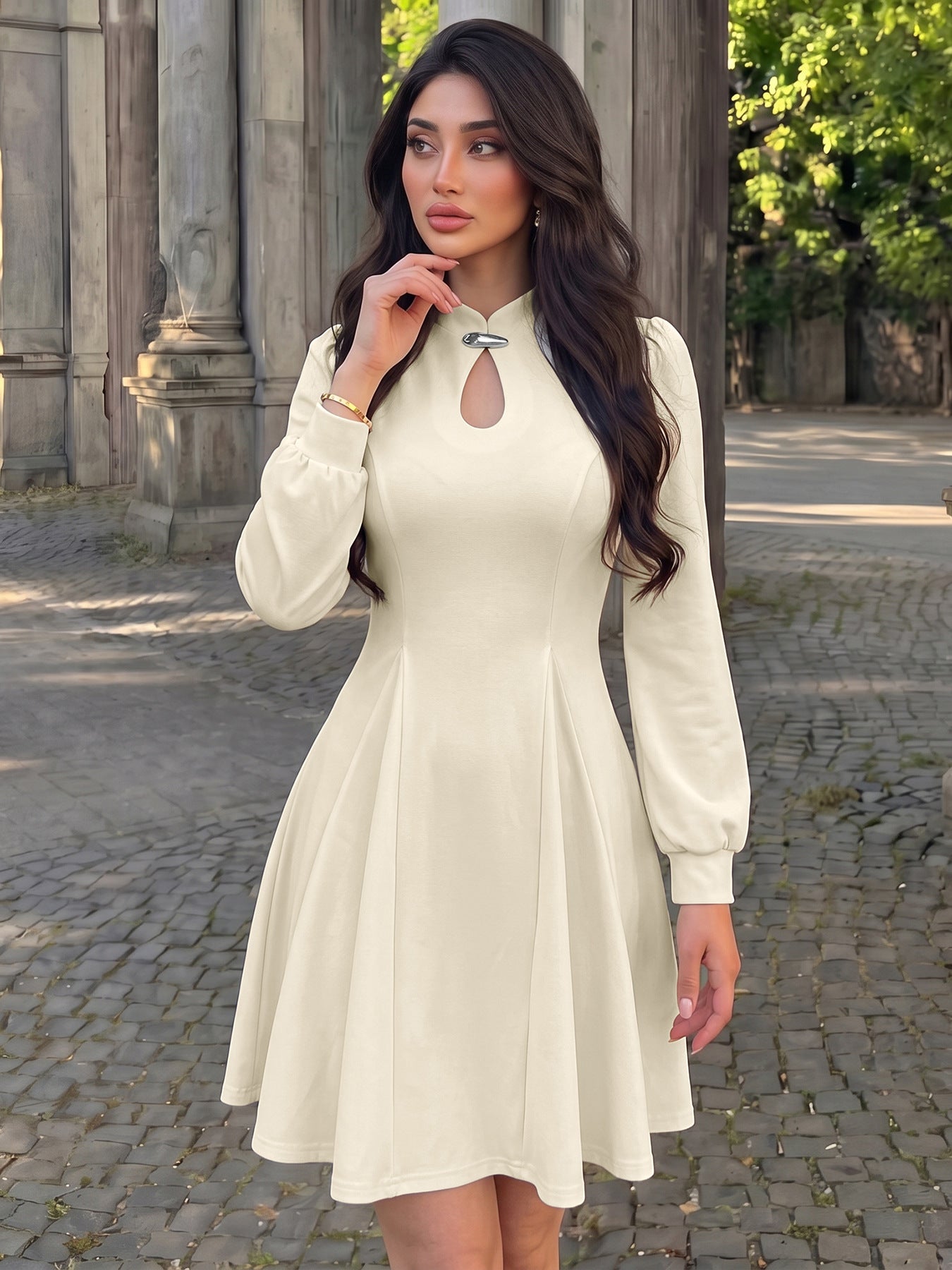 Mandarin Collar A Line Mini Dress Long Sleeve Elegant Dress