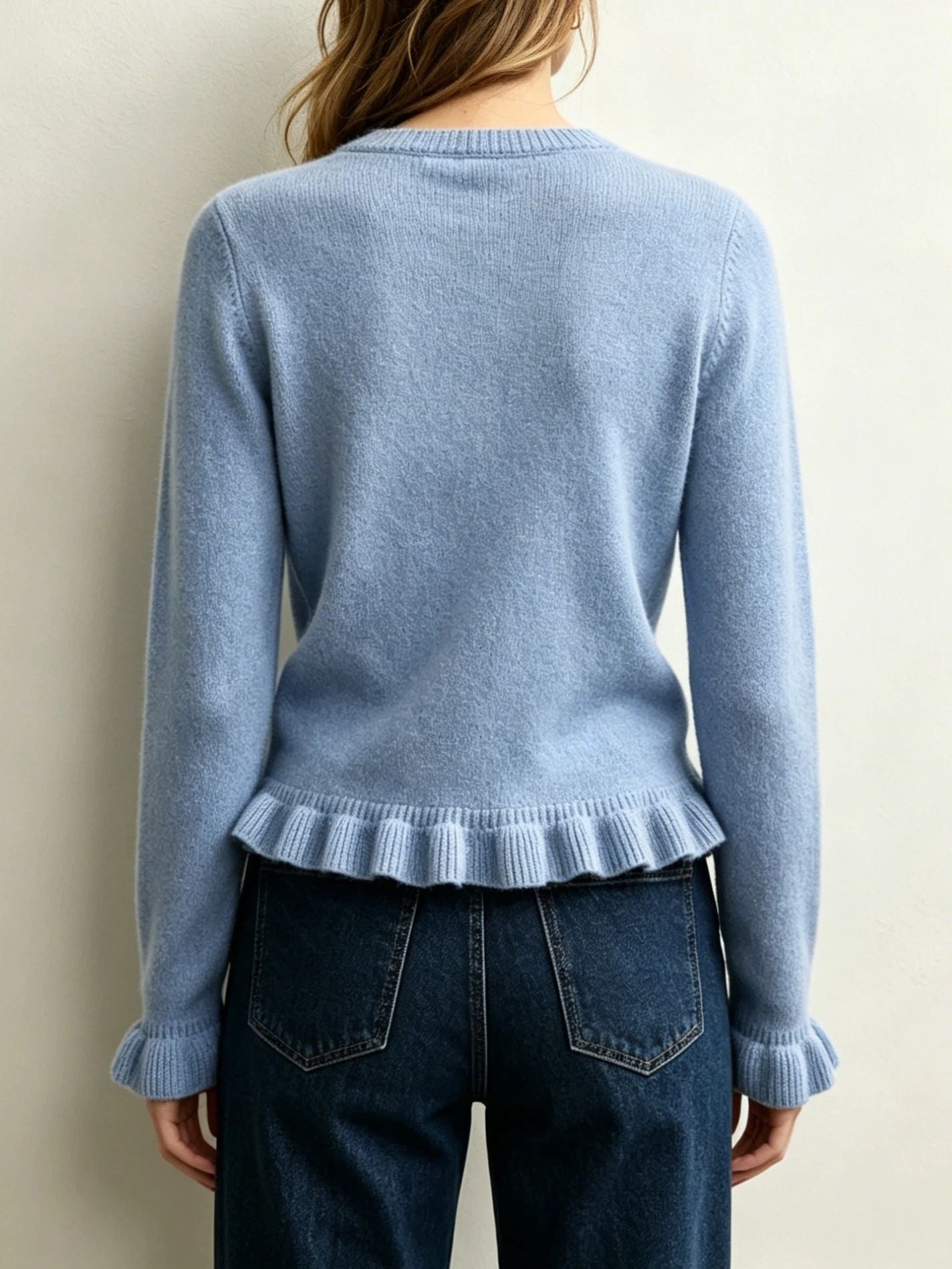 Ruffle Hem Crew Neck Long Sleeve Knit Sweater