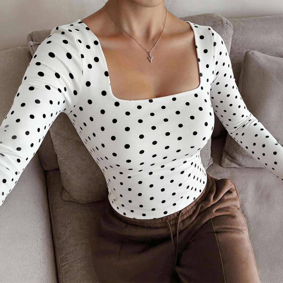 Polka Dot Square Neck Long Sleeve Crop Top