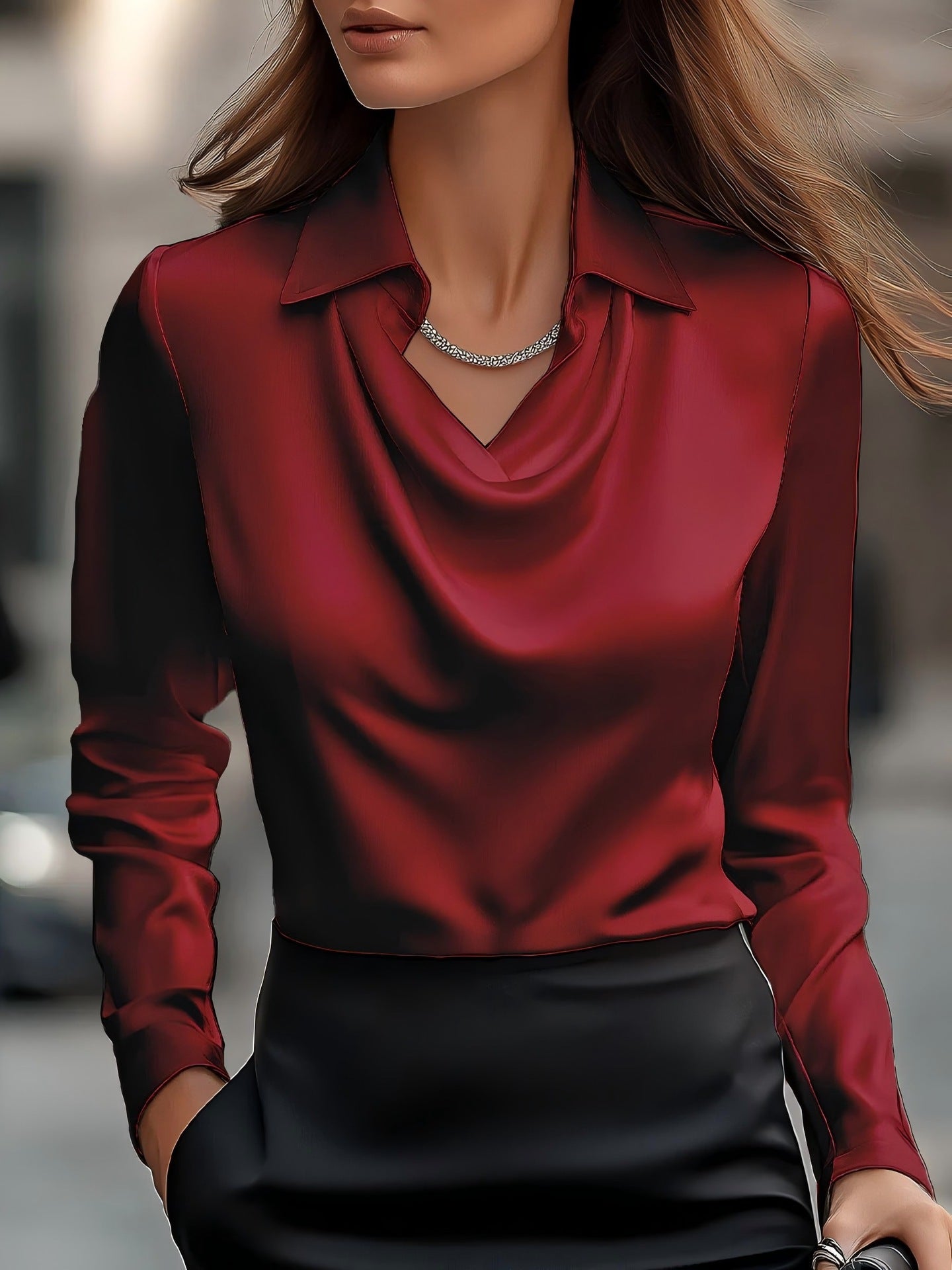 Satin Blouse for Women Cowl Neck Collared Long Sleeve Top