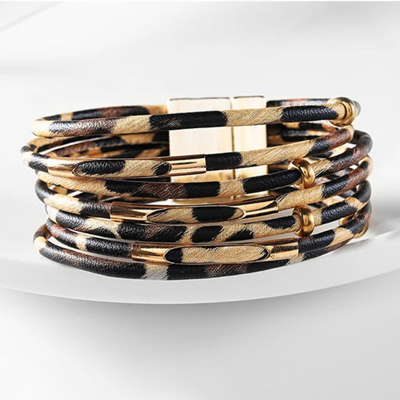 Leopard Leather Wrap Bracelet for Women Magnetic Clasp