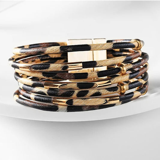 Leopard Leather Wrap Bracelet for Women Magnetic Clasp