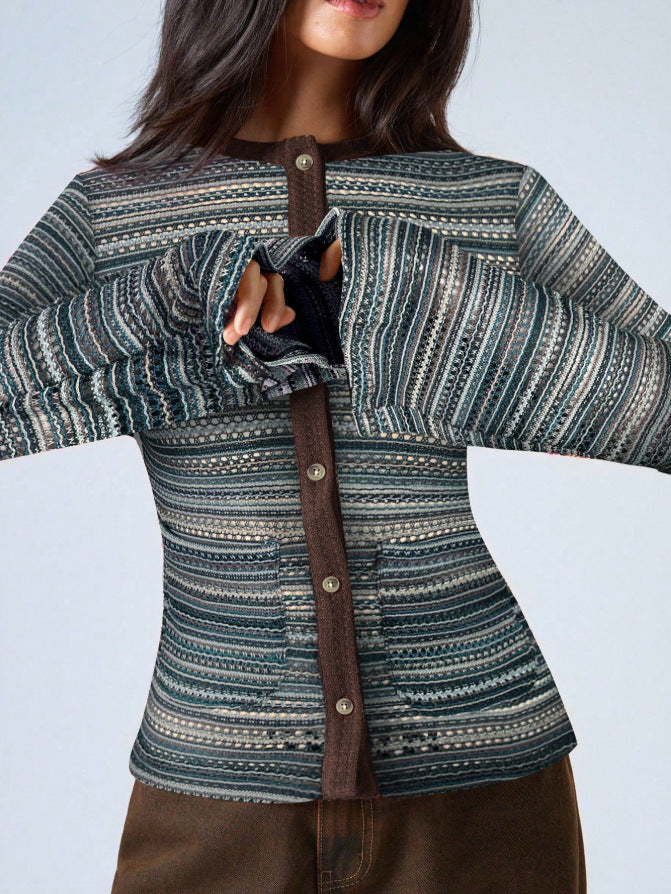 Striped Flare Sleeve Fitted Mock Neck Cardigan