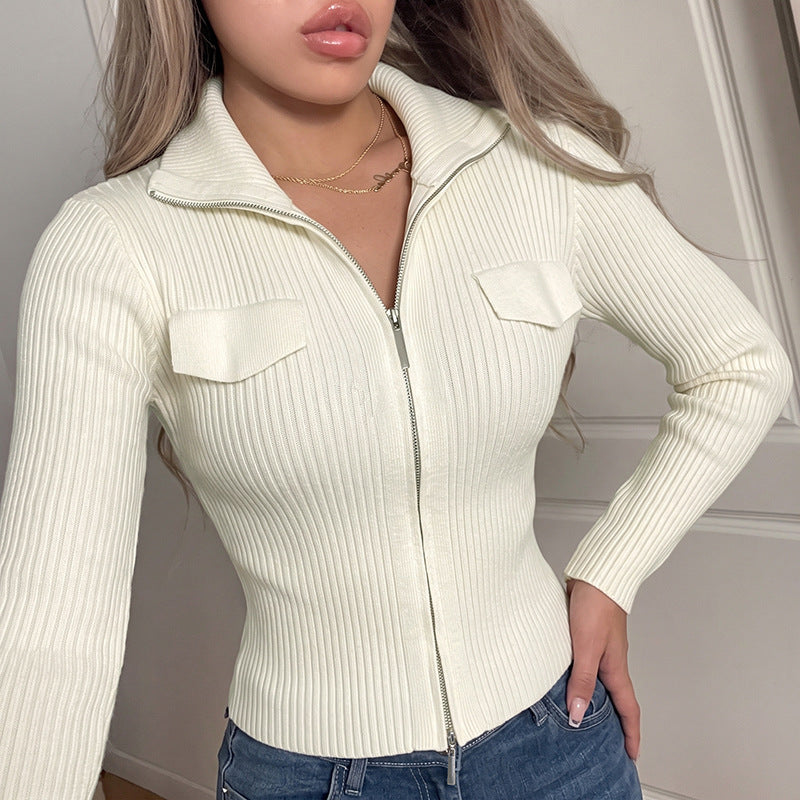 Women's Collared Two Way Zip Ribbed Cardigan Pockets