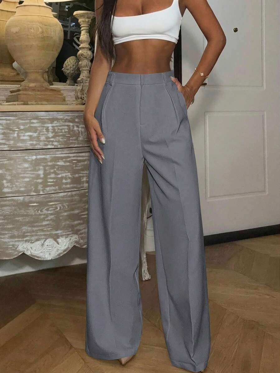 Solid High Waisted Wide Leg Dress Pants Business Work Trousers