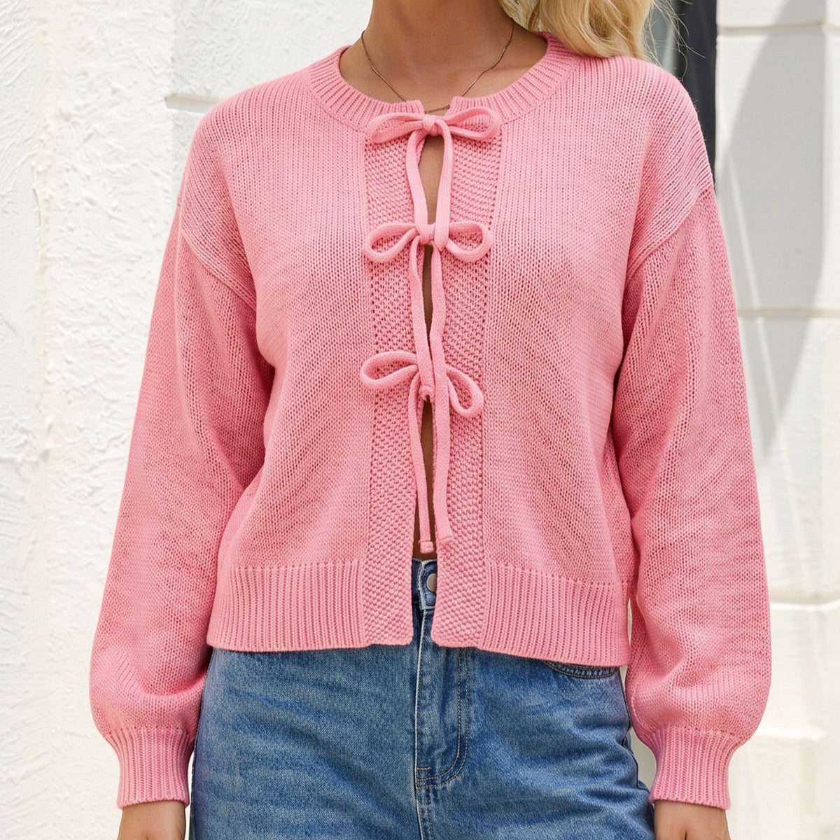 Women's Bow Front Crew Neck Knit Cardigan Sweater