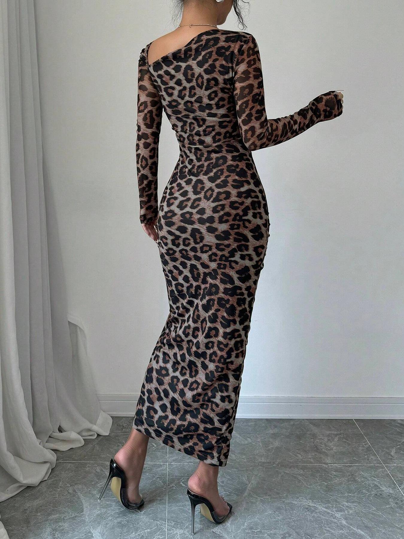 Women’s Leopard Print Bodycon Midi Dress Long Sleeve Ruched