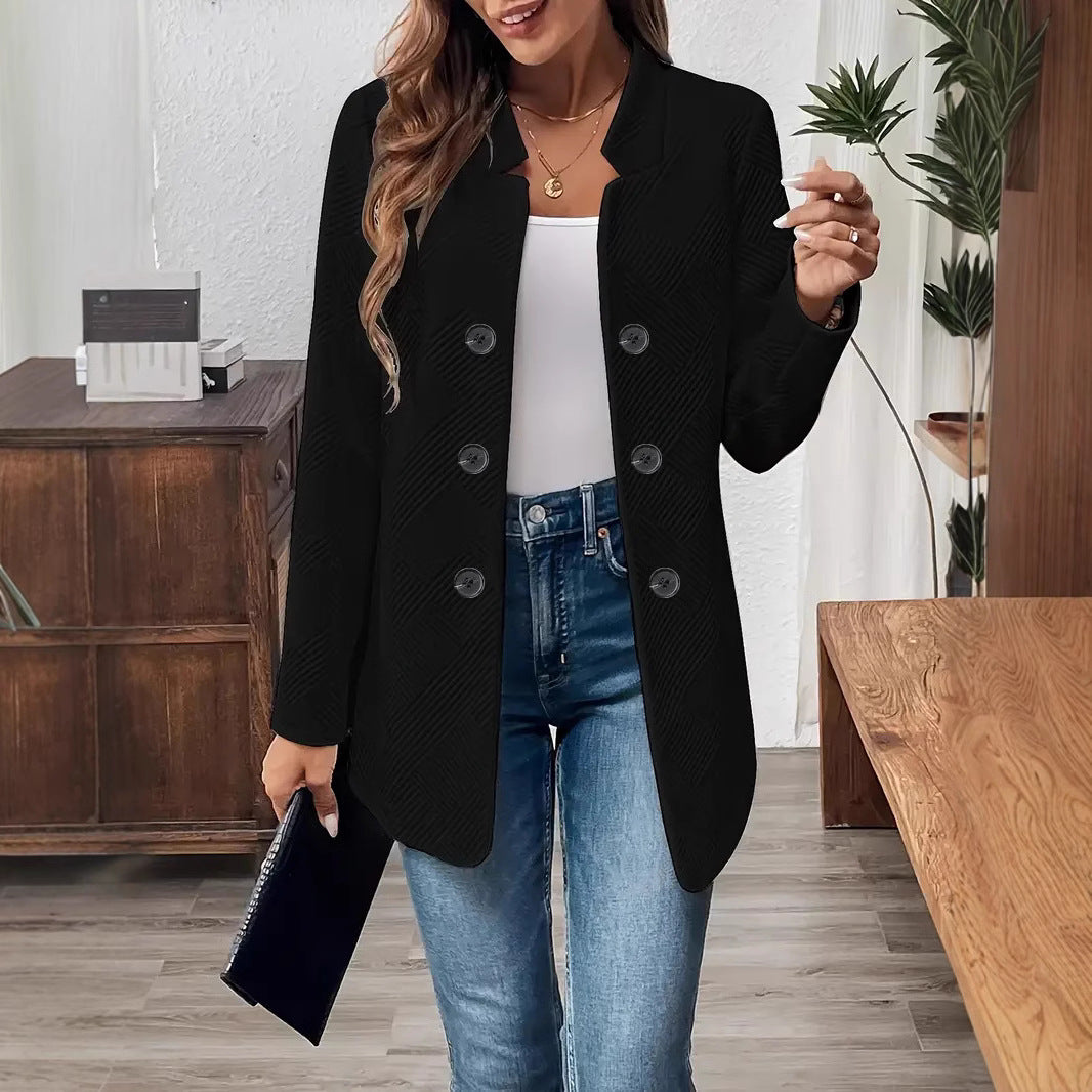 Womens Textured Double Breasted Blazer Stand Collar