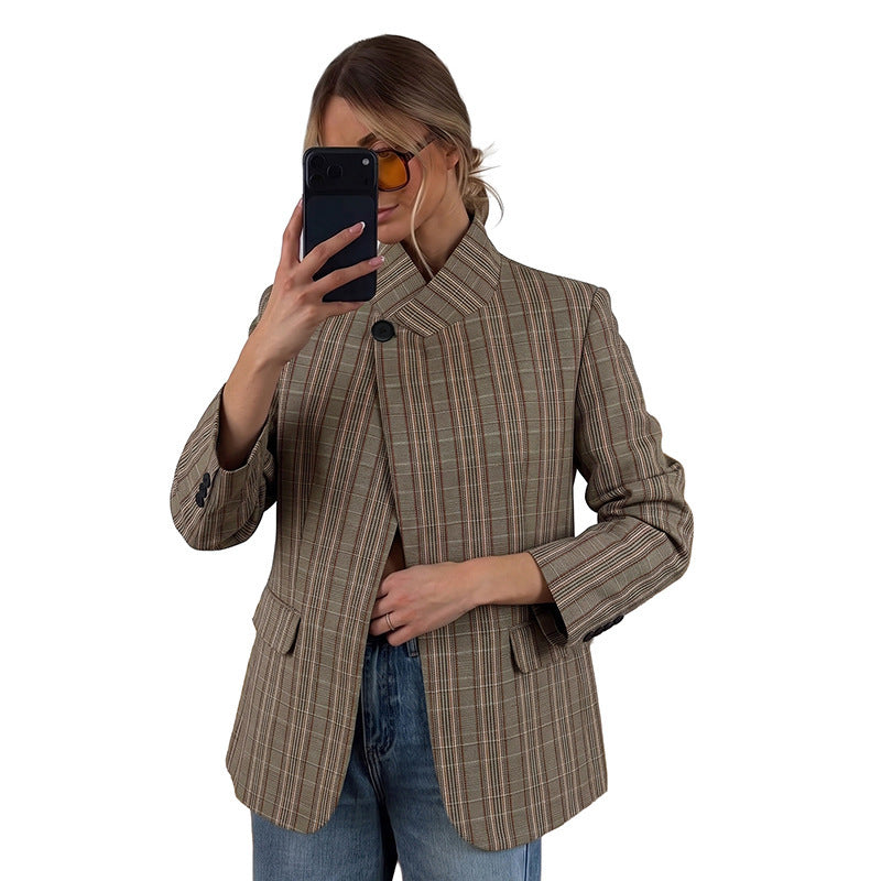 Oversized Plaid Blazer Single Button Stand Collar Jacket