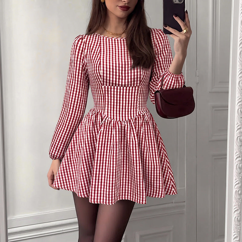 Gingham Bow Mini Dress Long Sleeve Sweet French Style