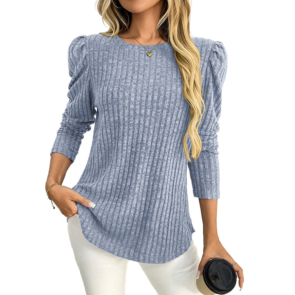 Women’s Long Sleeve Ribbed Top Puff Sleeve Crew Neck Tee