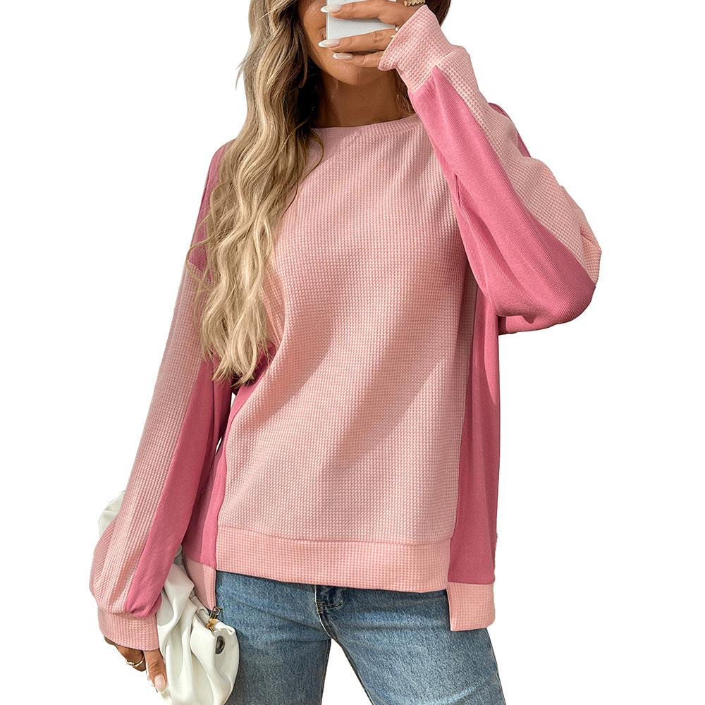 Colorblock Waffle Knit Crewneck Long Sleeve Top Women