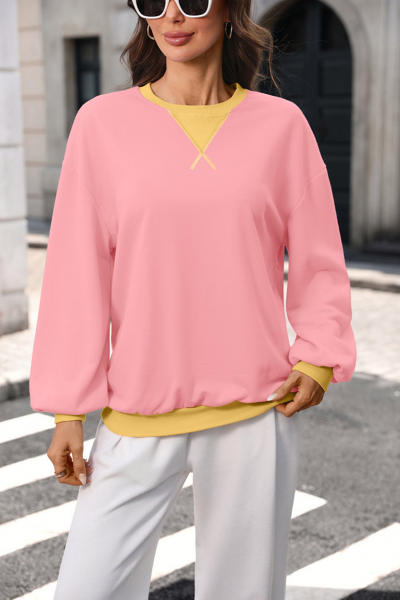 Colorblock Cotton Sweatshirt Oversized Casual Pullover