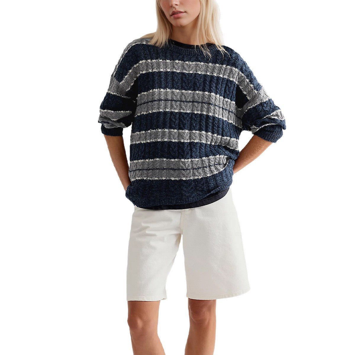 Women's Oversized Cable Knit Striped Crew Neck Sweater
