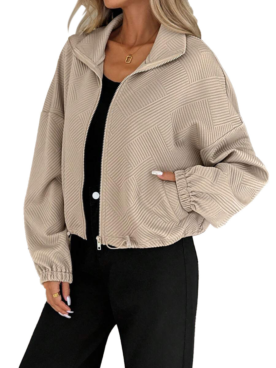 Textured Polyester Jacket Casual Bomber Oversized Zip Up